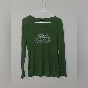 Sturgis S.D. Harley Davidson Rhinestone Bling Long Sleeve Shirt Green size LARGE